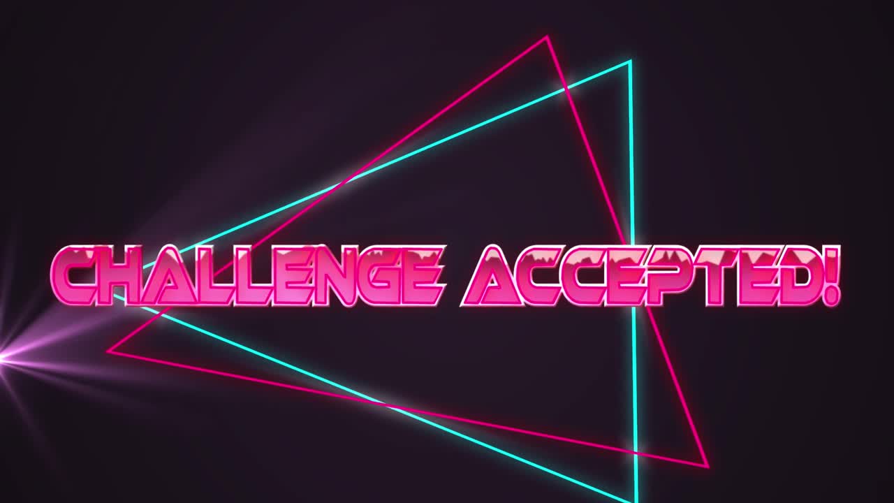 Animation of challenge accepted text over light trails on black background