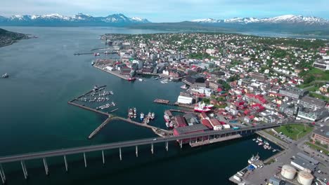 Bridge-of-city-Tromso,-Norway-Aerial-footage