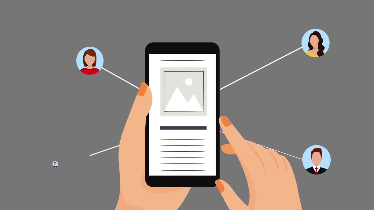 animación de una persona que usa un teléfono inteligente y iconos de redes de personas