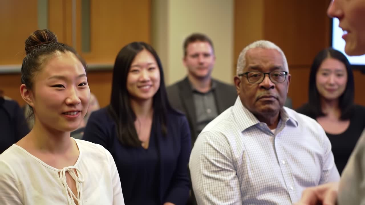 Engaging Discussion: A Diverse Group of Individuals Actively Participating in a Public Speaking Workshop Focused on Personal Development and Communication Skills