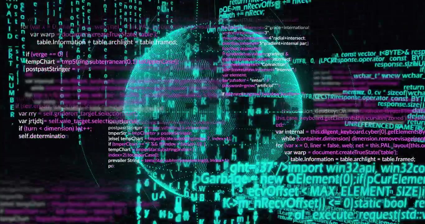 Animation of data processing over spinning globe against black background