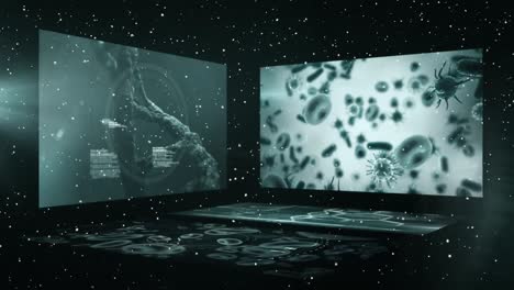 Animation of snow falling over screens with data processing and viruses