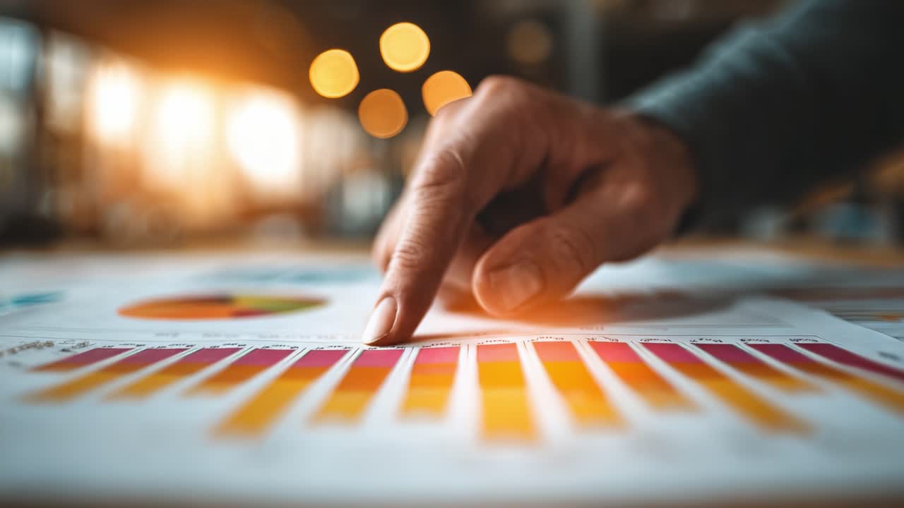 Una vista ravvicinata di una mano con vivaci visualizzazioni di dati su carta, che mostra grafici analitici e sfumature colorate in condizioni di illuminazione calda.