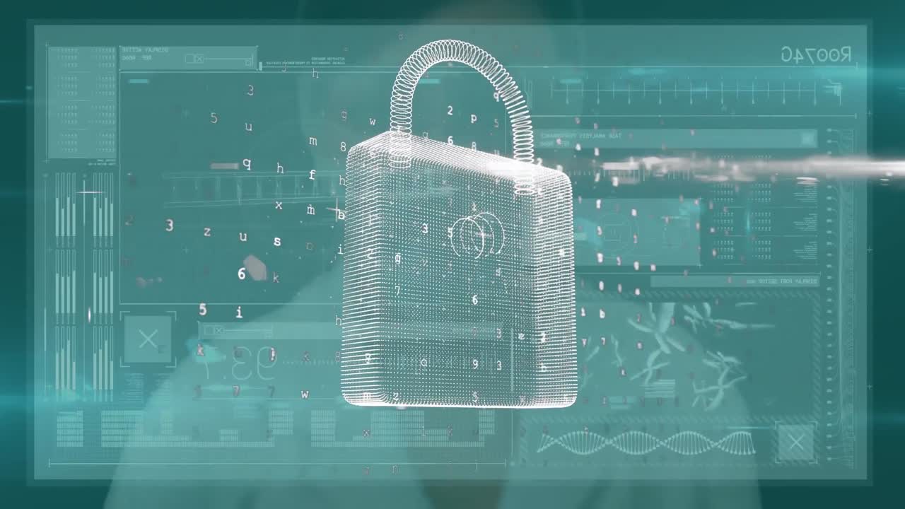 animación de la pantalla táctil del hombre con candado de seguridad en línea y procesamiento de datos