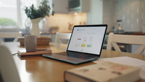 laptop, coffee on table and empty home for remote