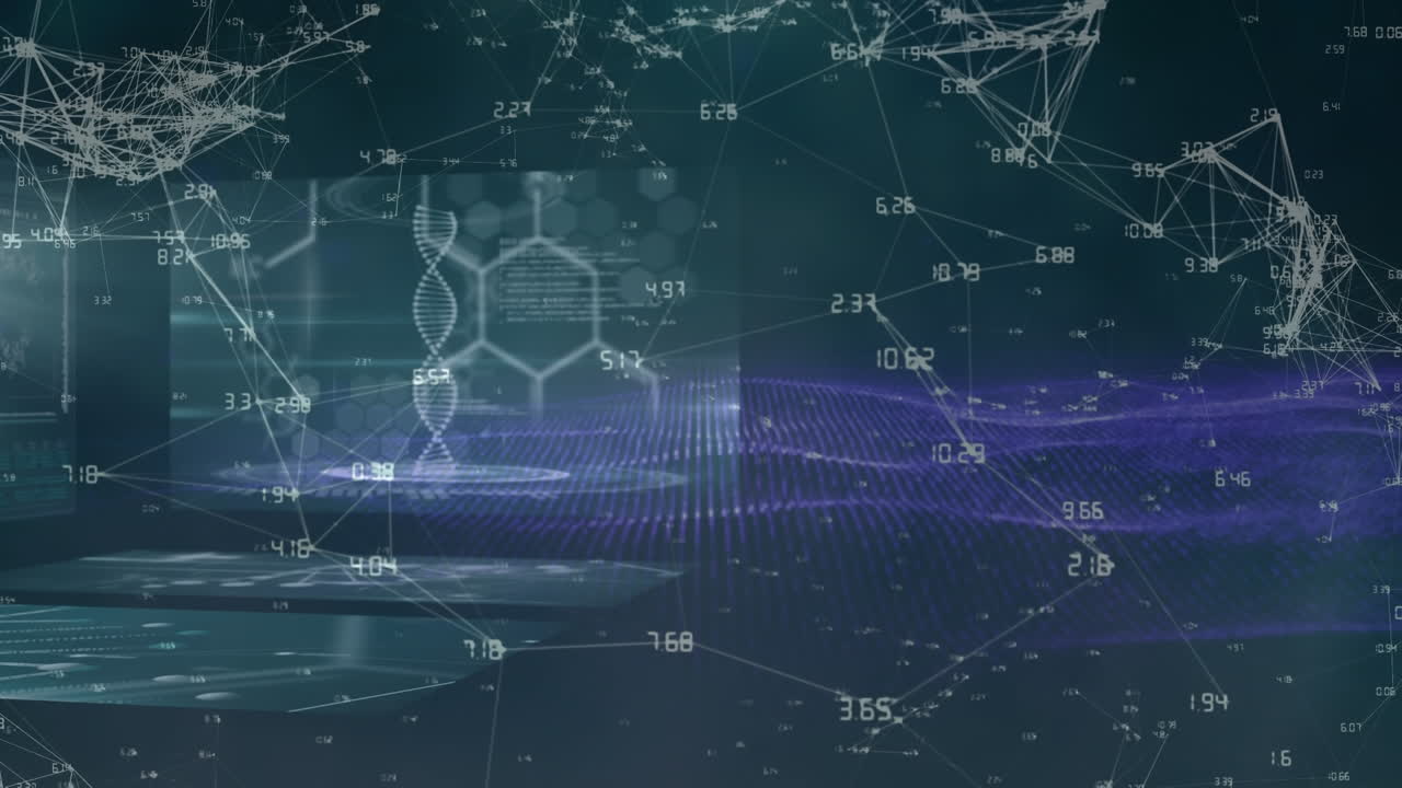 파란색 배경에 연결 네트워크를 회전하는 dna 가닥의 애니메이션