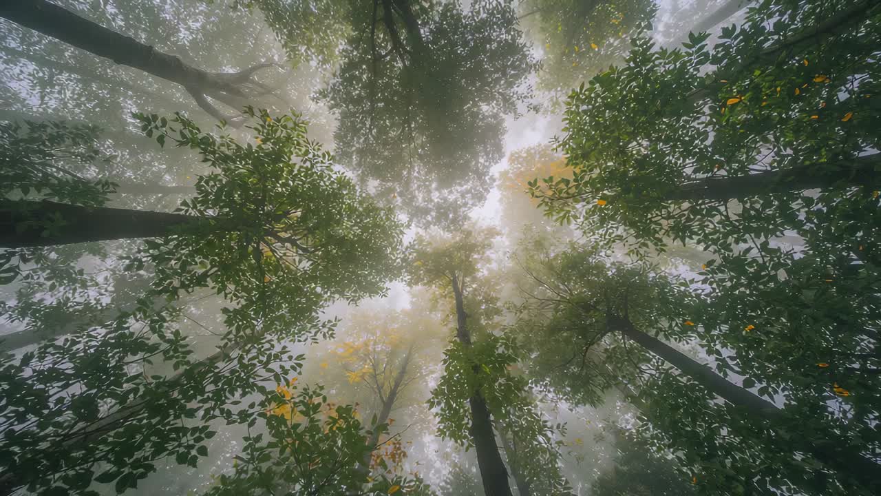 Tronchi ondeggianti e chioma frondosa nella foresta che rivelano i rami mentre una leggera brezza increspa le foglie, nebbia