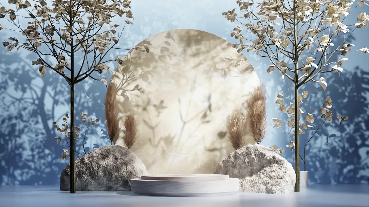 diseño de stand de exhibición de productos forestales con sombra de hojas de árboles en animación de renderización 3d, sitio web de comercio electrónico descuento de venta para productos naturales fondo de cielo azul tranquilo y tranquilo