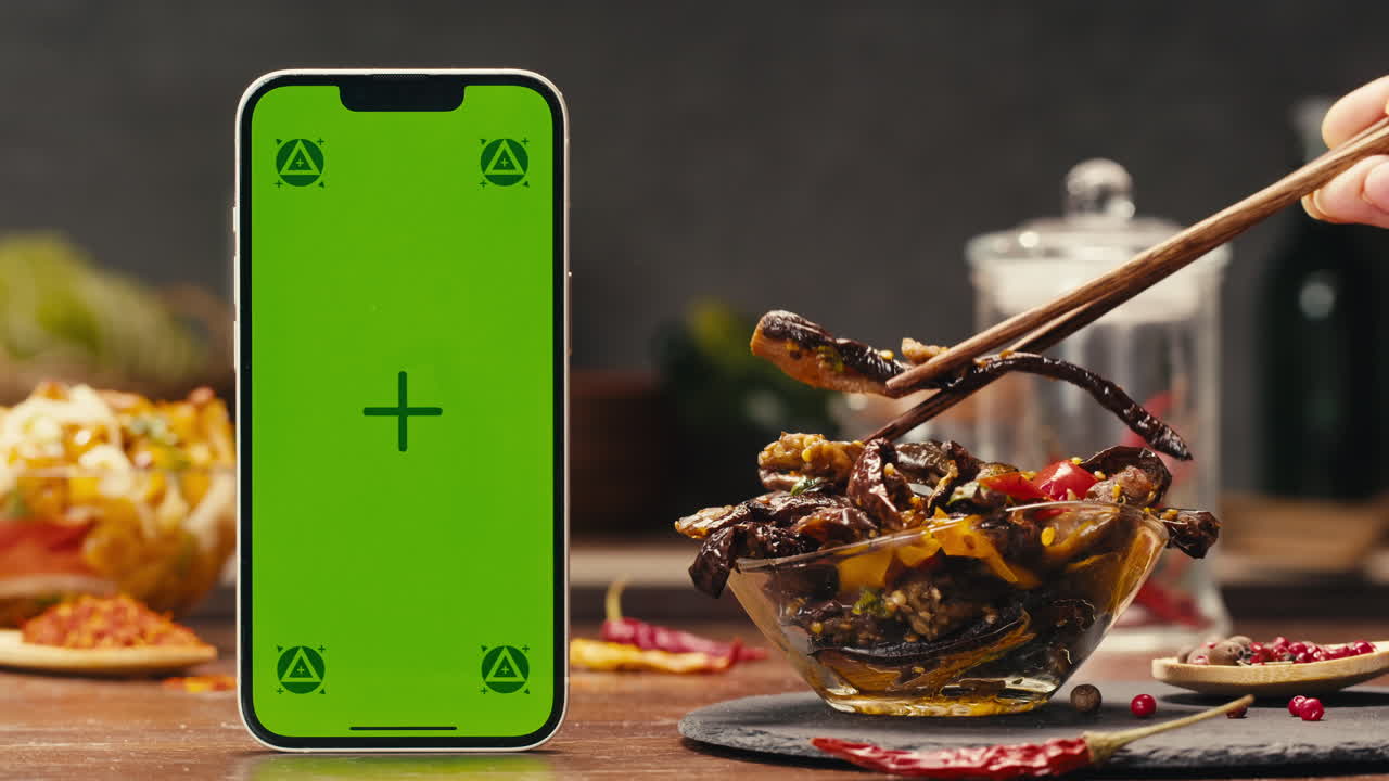 A green screen mobile phone, a portable communications device, is on a table next to a bowl of canned corn. The product is a useful gadget for telephony and communication. Fermented food served on table, mini corn, kimchi, eggplants, yellow cabbage