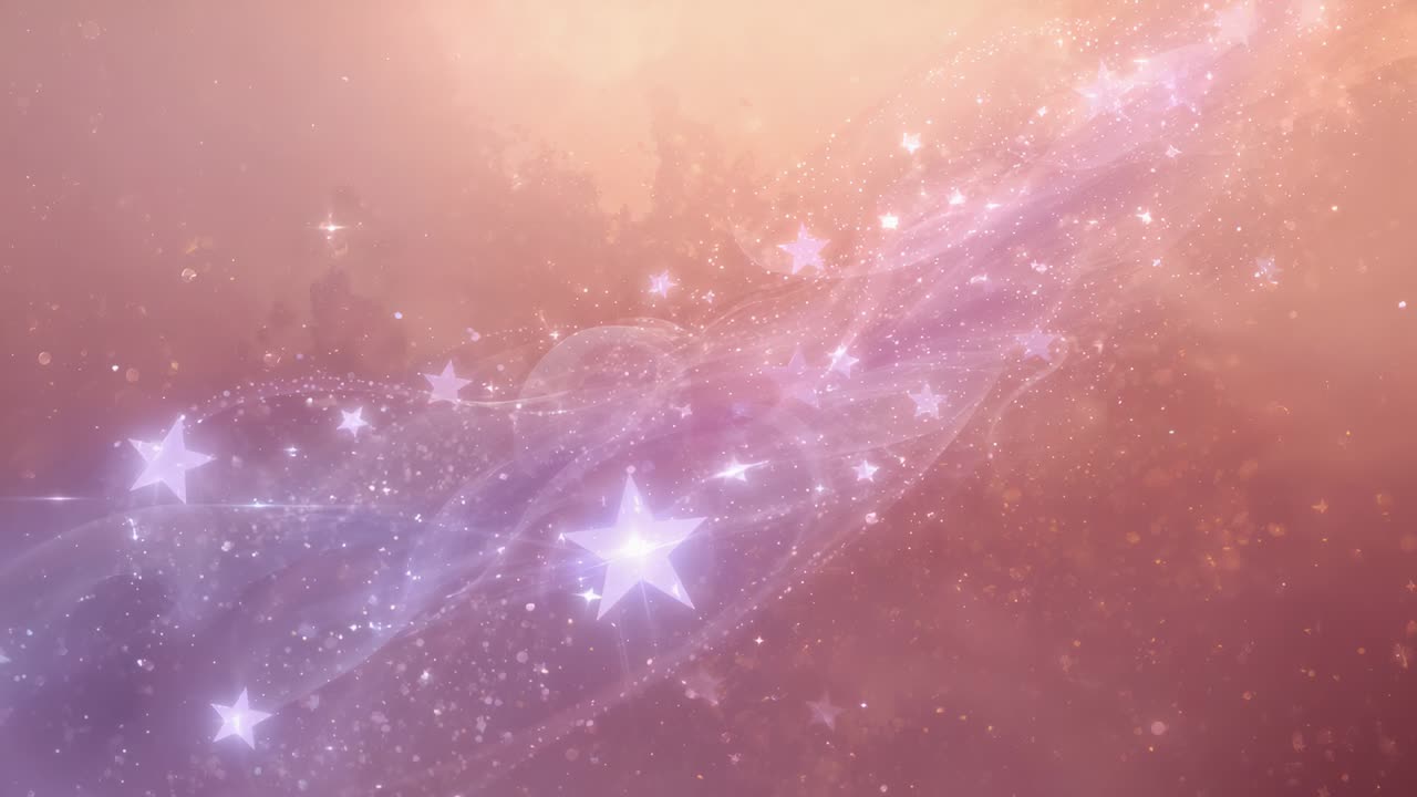 Sweeping translucent starry ribbon launched by bright star, gliding across warm peach-pink backdrop