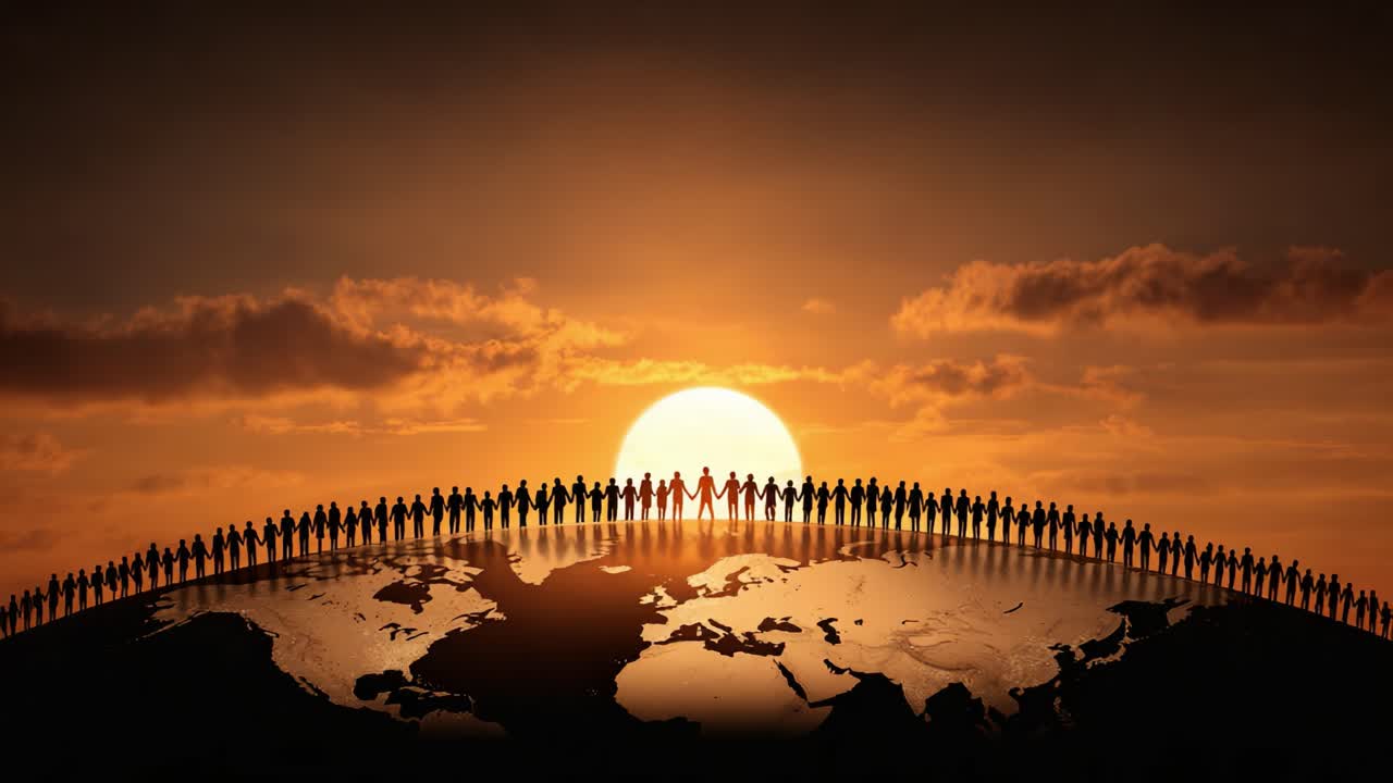 Una community globale eterogenea che si unisce sullo sfondo di un radioso tramonto, a simboleggiare speranza e unità tra continenti e culture
