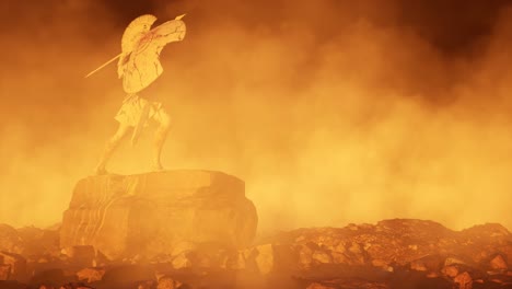 estatua de antiguos guerreros griegos en posición de lucha, desgastada por el tiempo, colocada sobre una gran roca, con niebla y humo en el fondo, la cámara de animación 3d gira lentamente