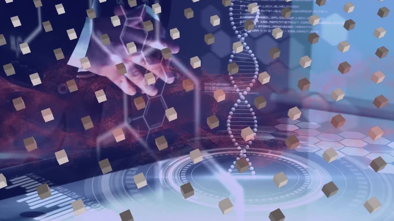 과학 데이터 프로세싱의 애니메이션은 기술을 사용하여 사람 위에 있습니다.