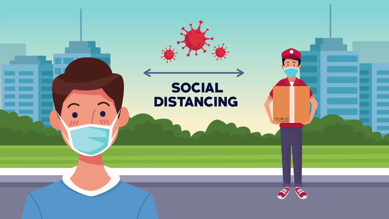 배달 노동자와 얼굴 마스크를 착용하는 사람과 함께 사회적 거리 두기 캠페인