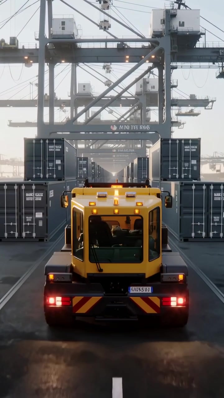 Vertical video: Moving yellow tractor with beacon lit, driving down yard toward cranes for loading