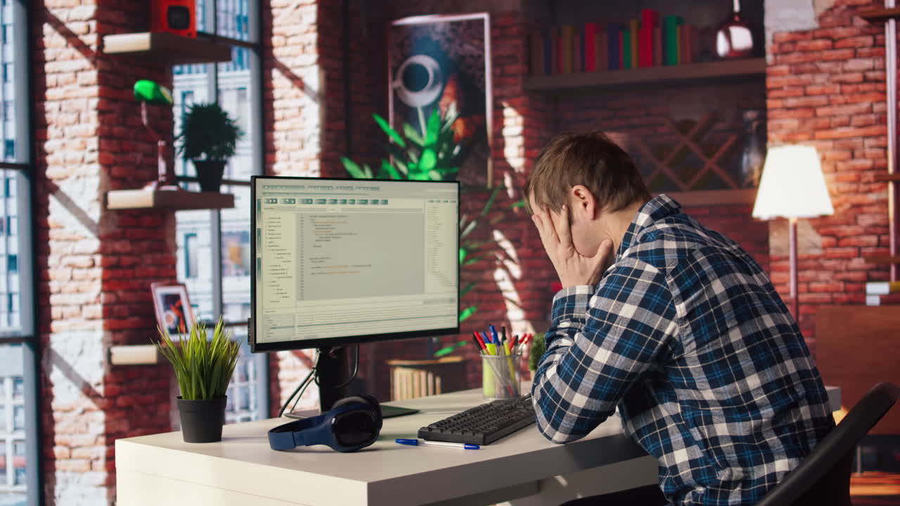 Tech support expert typing on keyboard, doing checkup on AI systems