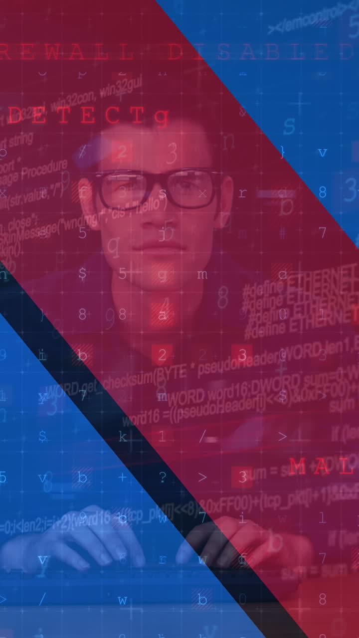 animación de un hacker caucásico y procesamiento de datos sobre la bandera de ucrania y rusia