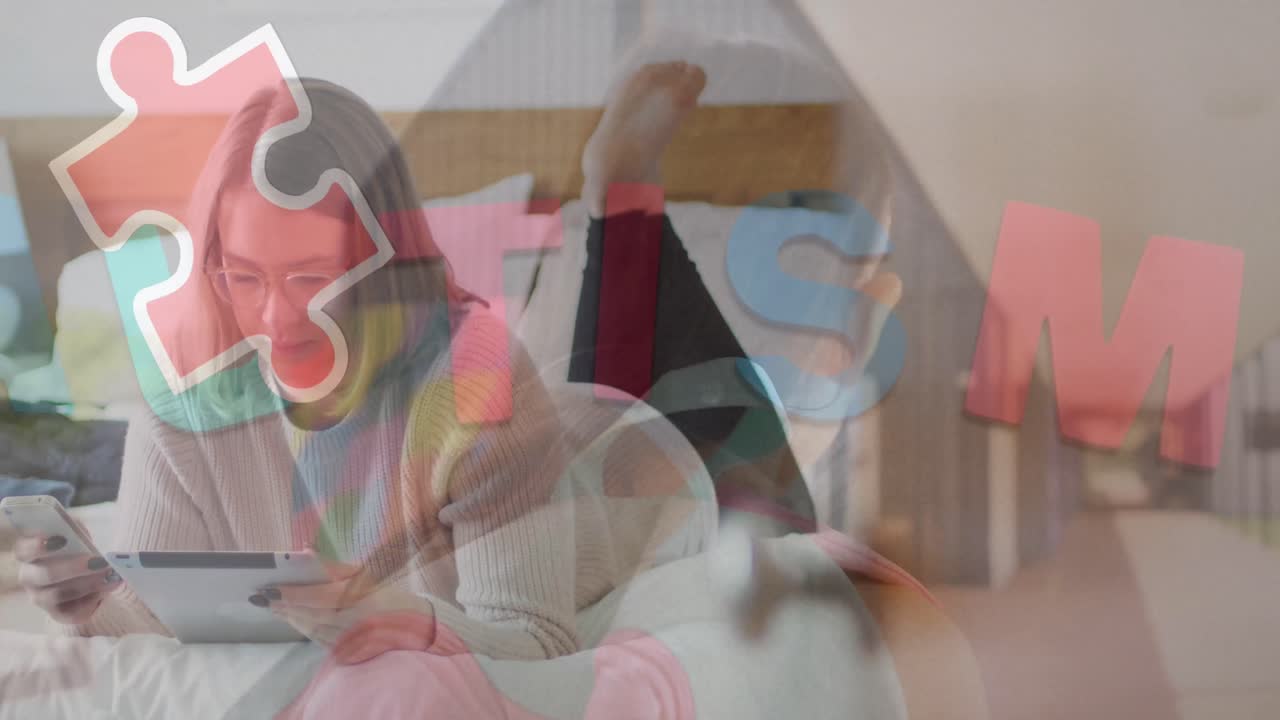 자폐증 텍스트와 퍼즐 조각의 애니메이션을 다양한 학교 아이들에게 보여줍니다.