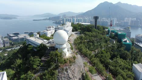 chinese university of hong kong radar dome overlooking hong kong bay, aerial view