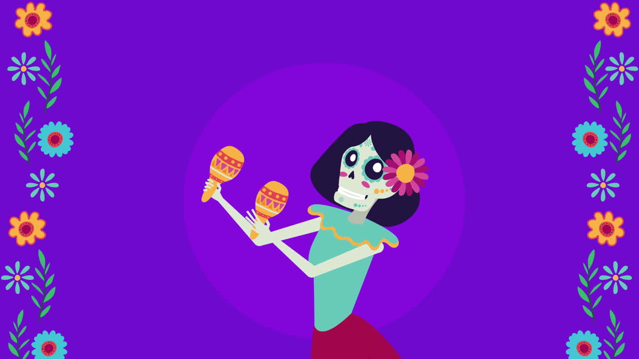 animación viva mexico con catrina cráneo interpretando el personaje de maracas