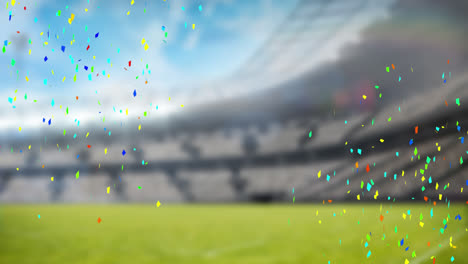 Animation-of-golden-confetti-falling-over-empty-sports-stadium