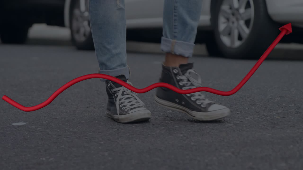 Red arrow overlay appearing, man following dance path while performing crossing pivots and slides