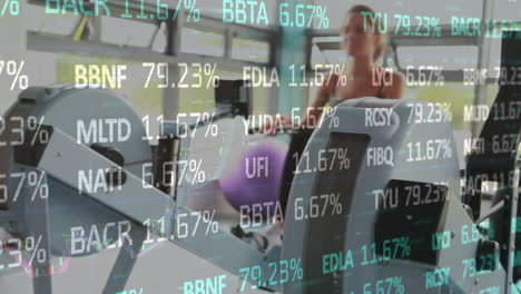 Stock market data animation over person exercising on gym equipment