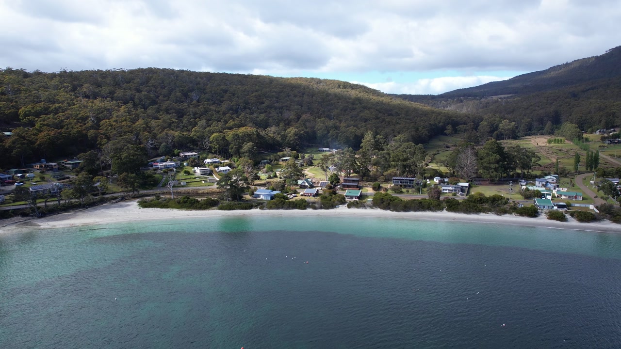Aerial View of Adventure Bay, Tasmania, Coastal Serenity, Forested Hills and Clear Waters