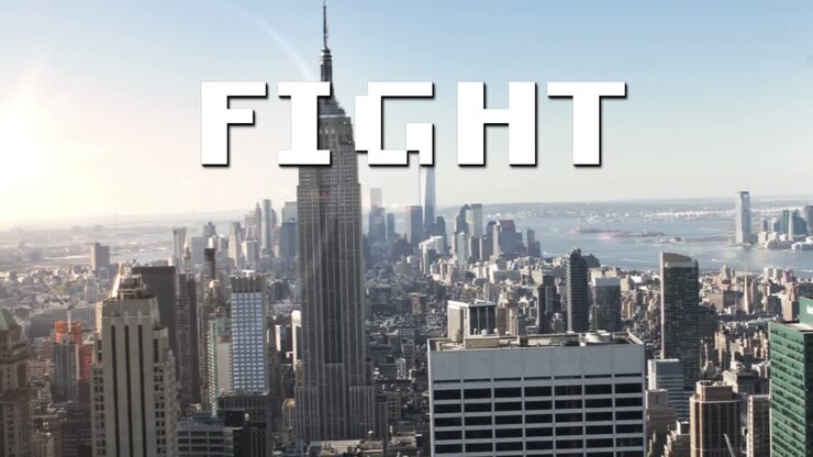 Animazione del testo "fight" in lettere bianche su uno sfondo urbano.