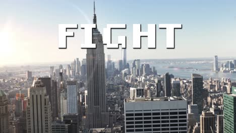 animation of fight text in white letters over cityscape background