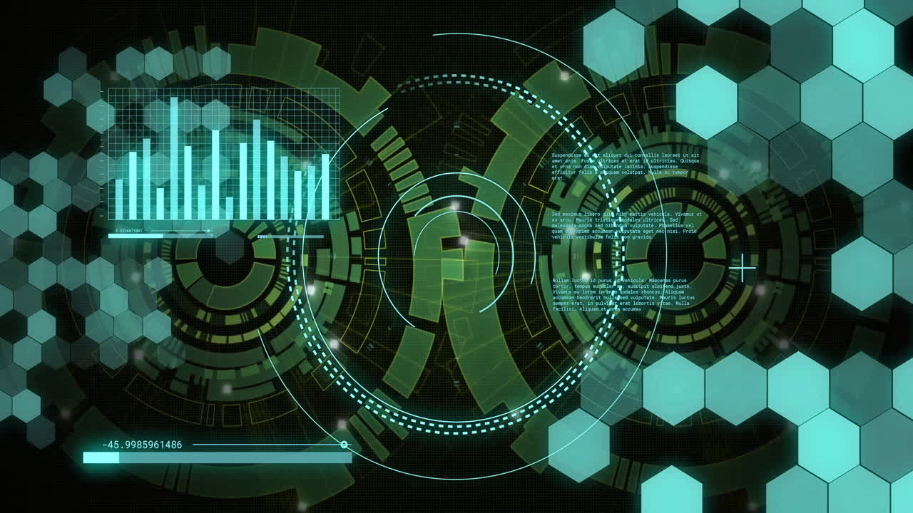 animazione di visualizzazione e analisi dei dati futuristici con grafici e forme esagonali