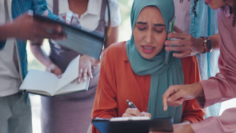 busy, documents and muslim woman on a phone call