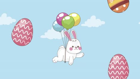 conejo de pascua en globos de helio con huevos