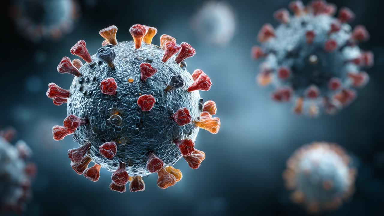Visione microscopica di virus su sfondo scuro: analisi dettagliata di strutture intricate per comprendere la loro forma e funzione in vari ambienti