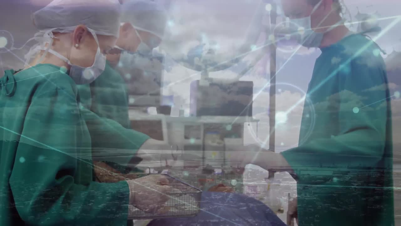 다양한 외과 의사와 도시 풍경과의 연결 네트워크의 애니메이션