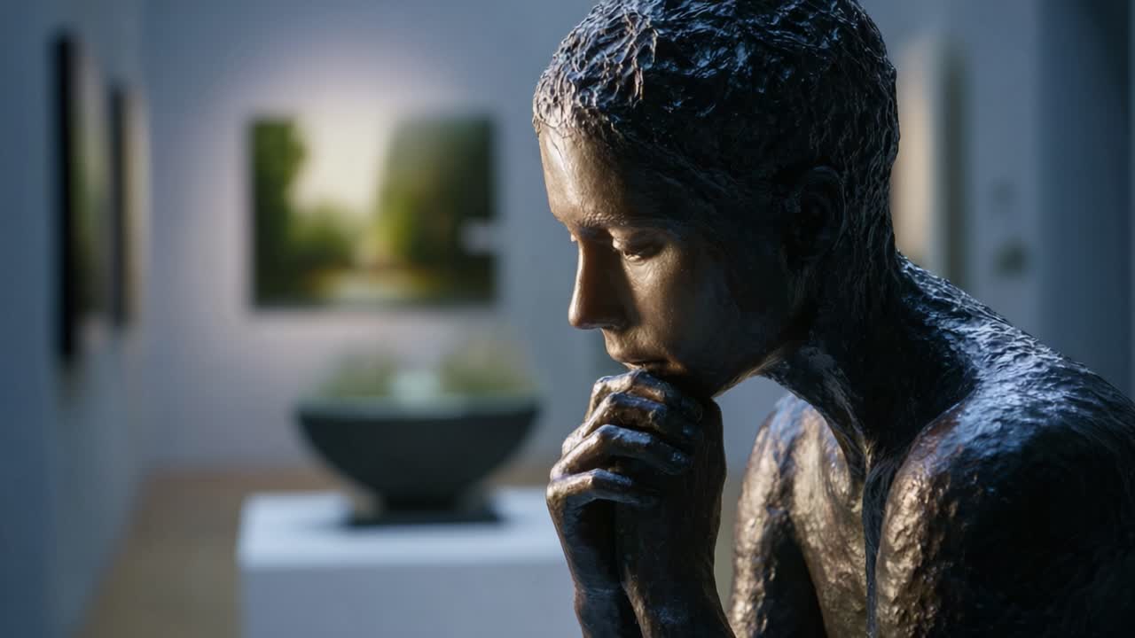 A Contemplative Sculpture in an Art Gallery: Dark Bronze Figure with Thoughtful Expression Surrounded by Nature-Inspired Artwork and Soft Lighting