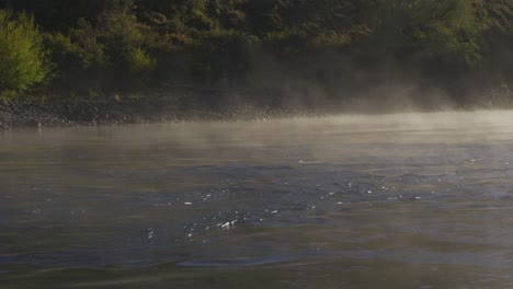 dense fog moving over flowing waters of limay river in patagonia, argentine