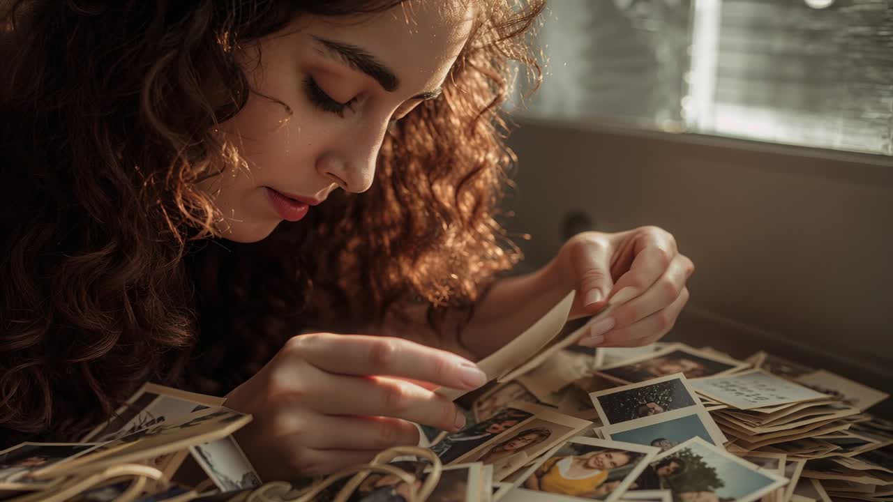 Leaning adult woman recalling memories and sorting Polaroid prints at home table, with window light