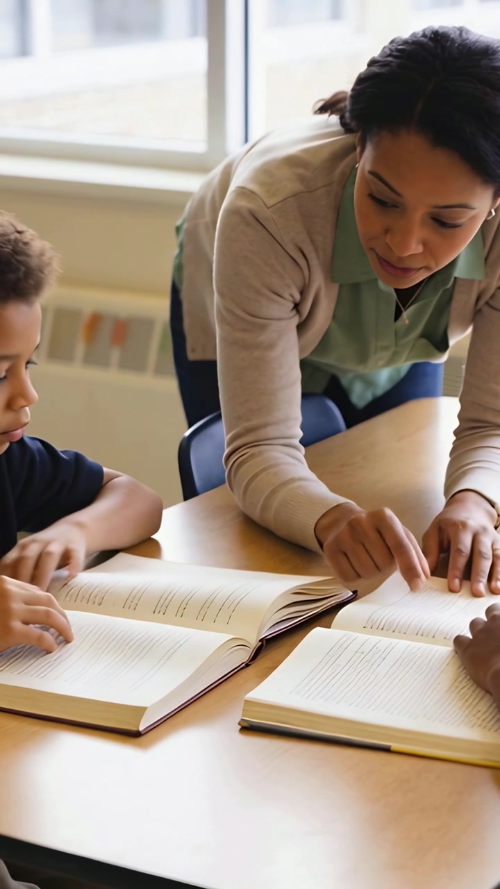 Video vertical: Maestra con cárdigan inclinada, guiando a niños en la escuela, señalando libros al inicio de la clase.