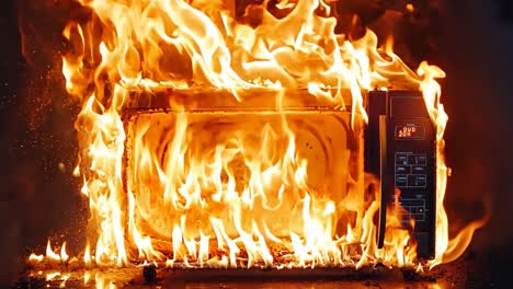 a microwave oven on fire with flames coming out of it