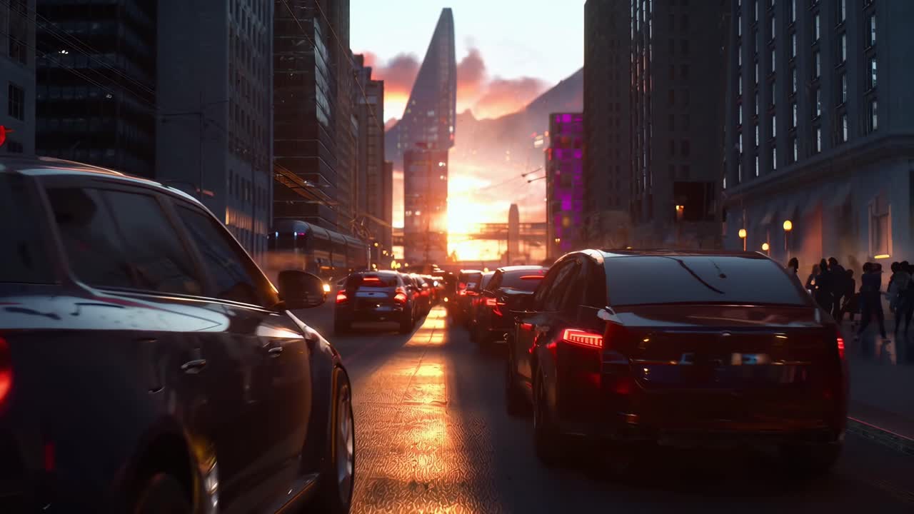 Vídeo dinâmico de paisagem urbana ao pôr do sol, vista de baixo ângulo de carros no trânsito, estilo urbano vibrante