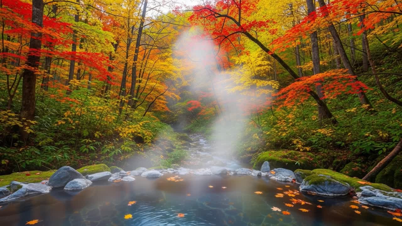 A Peaceful Autumn Scene with Colorful Foliage, Misty Water and Tranquil Stream Captured in Enchanting Nature Setting