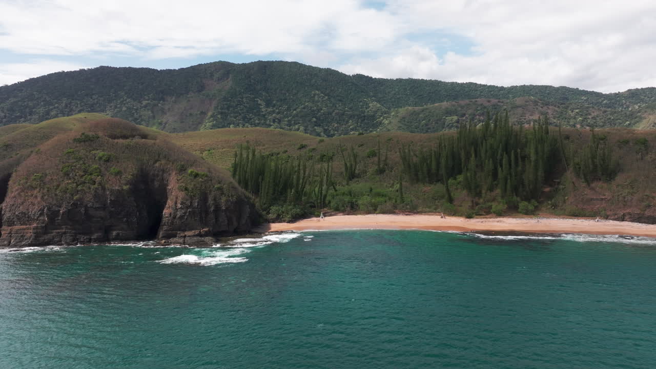 Aerial drone shot of Turtle Bay near Gouaro, New Caledonia, showing turquoise waters, sandy beach and iconic columnar pines along the dramatic coastline