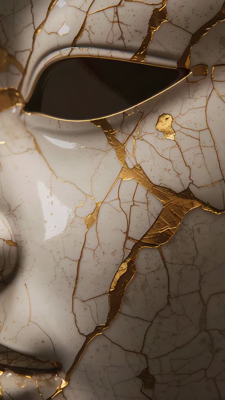 Vídeo vertical: câmera se afastando e revelando uma máscara de cerâmica que destaca os reparos de kintsugi em um estúdio