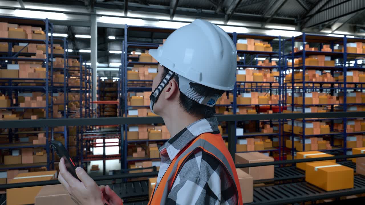 vista lateral de cerca de un ingeniero masculino asiático con casco de seguridad usando un teléfono inteligente y mirando a su alrededor mientras está de pie en el almacén con estantes llenos de productos de entrega