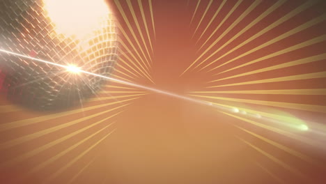 animation of glowing disco ball spinning with yellow rays on orange background