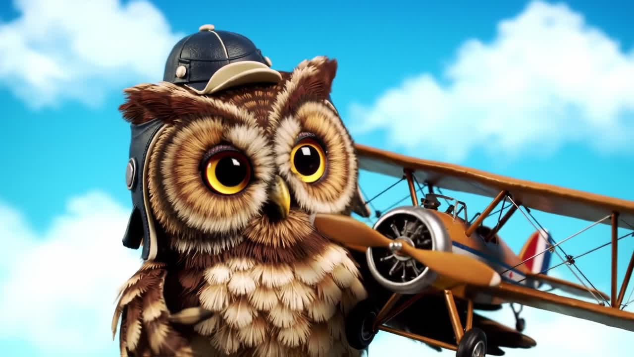 En charmerende cartoon-ugle med store øjne og en gammeldags flyverhue, klar til eventyr i en farverig himmel med bløde skyer og en glad atmosfære