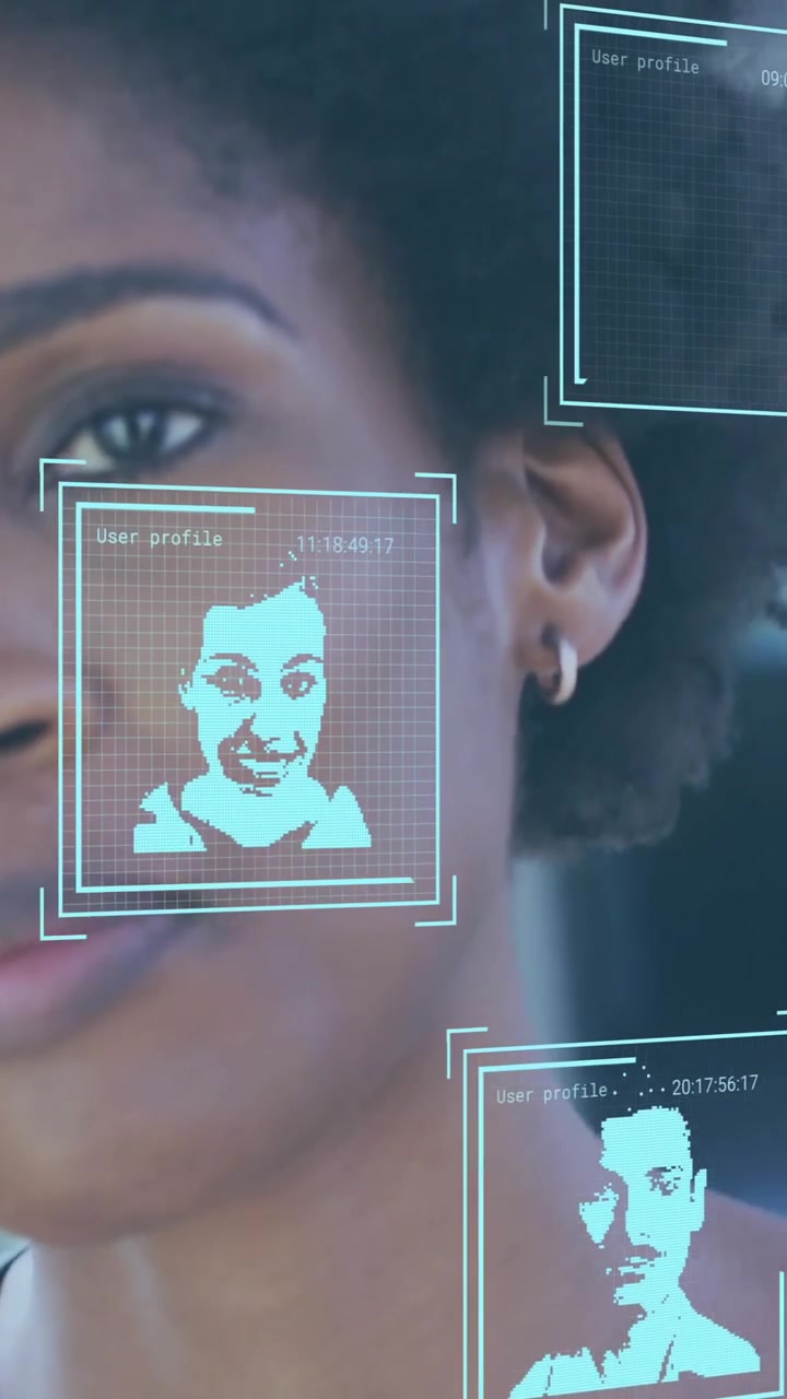 Animation of digital profile scans over african american woman with coffee talking on smartphone