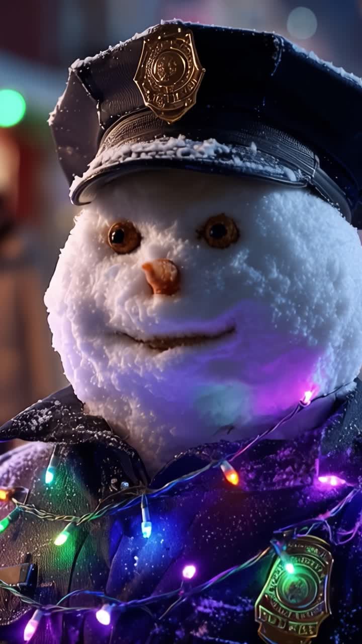 A Charming Snowman Police Officer Dressed with Colorful Lights, Bringing Festive Joy to the Winter Season with a Friendly Smile in Enchanting City Lights