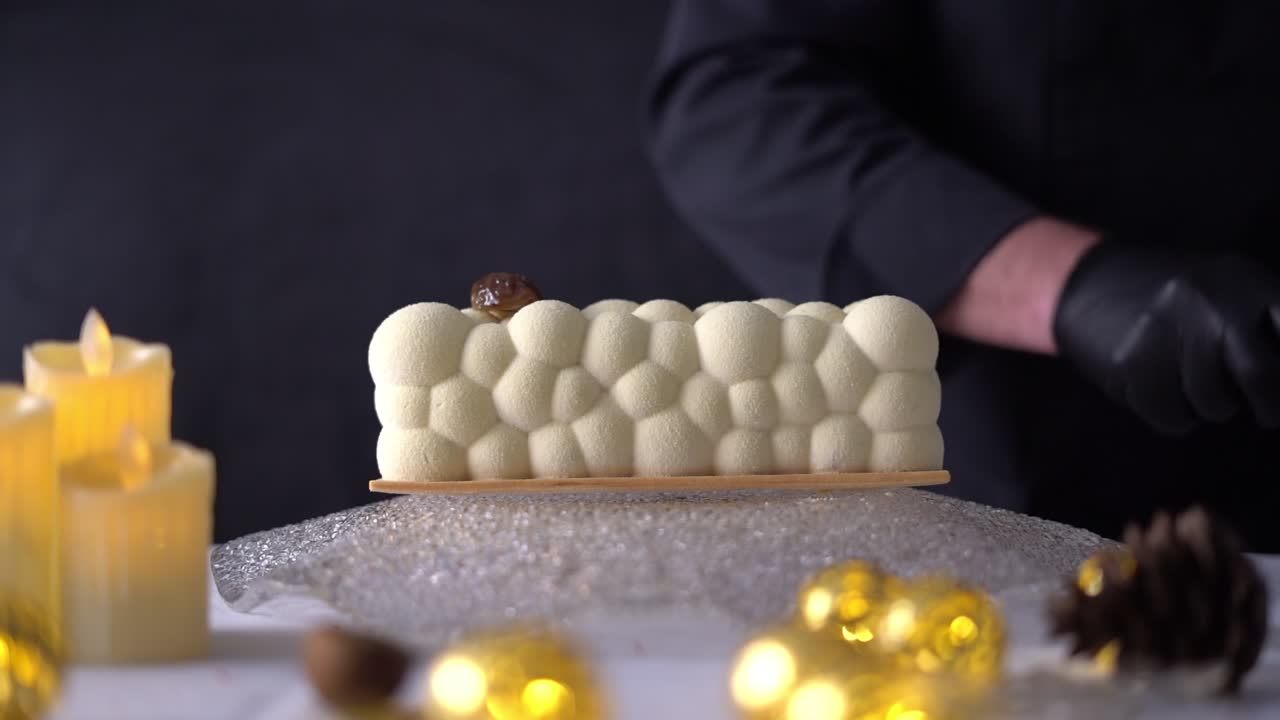 Delicious Cake in fancy restaurant, close up shot, insert shot